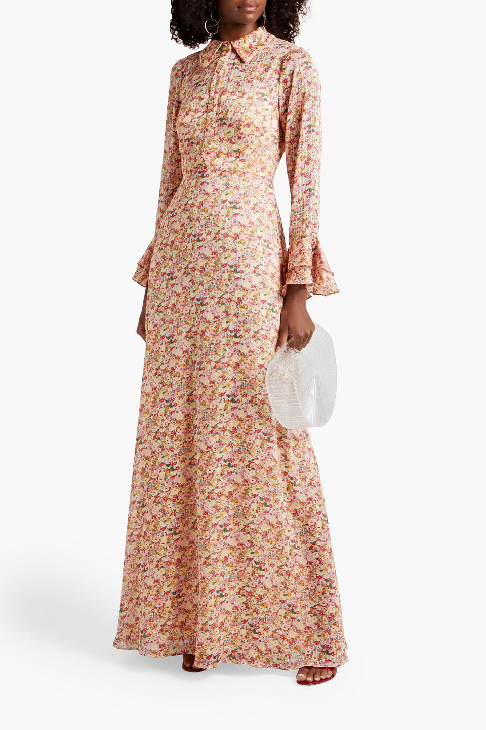 Mikael Aghal Floral-print Jacquard Maxi Dress In Pastel Yellow