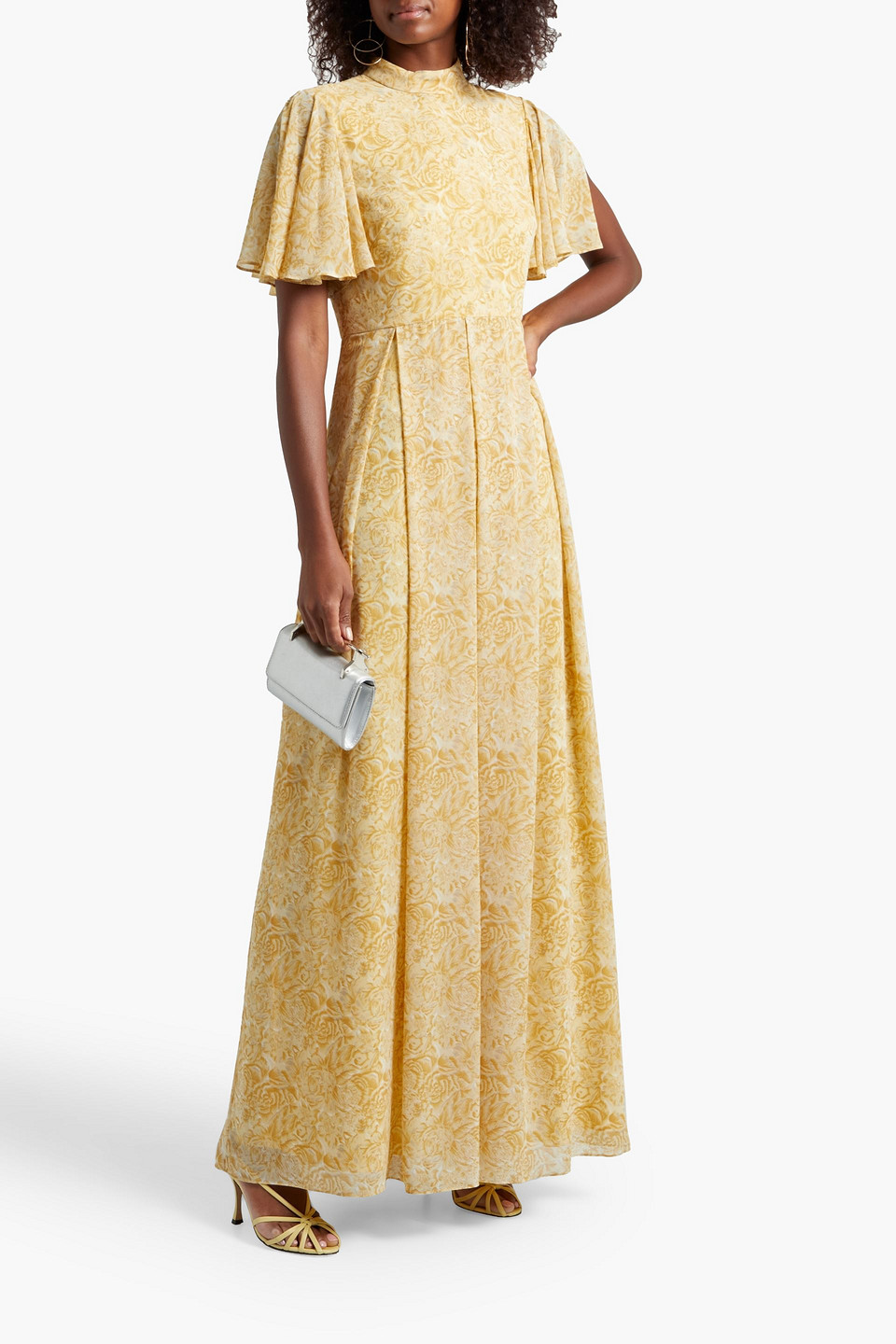 Mikael Aghal Pleated Floral-print Chiffon Maxi Dress In Yellow