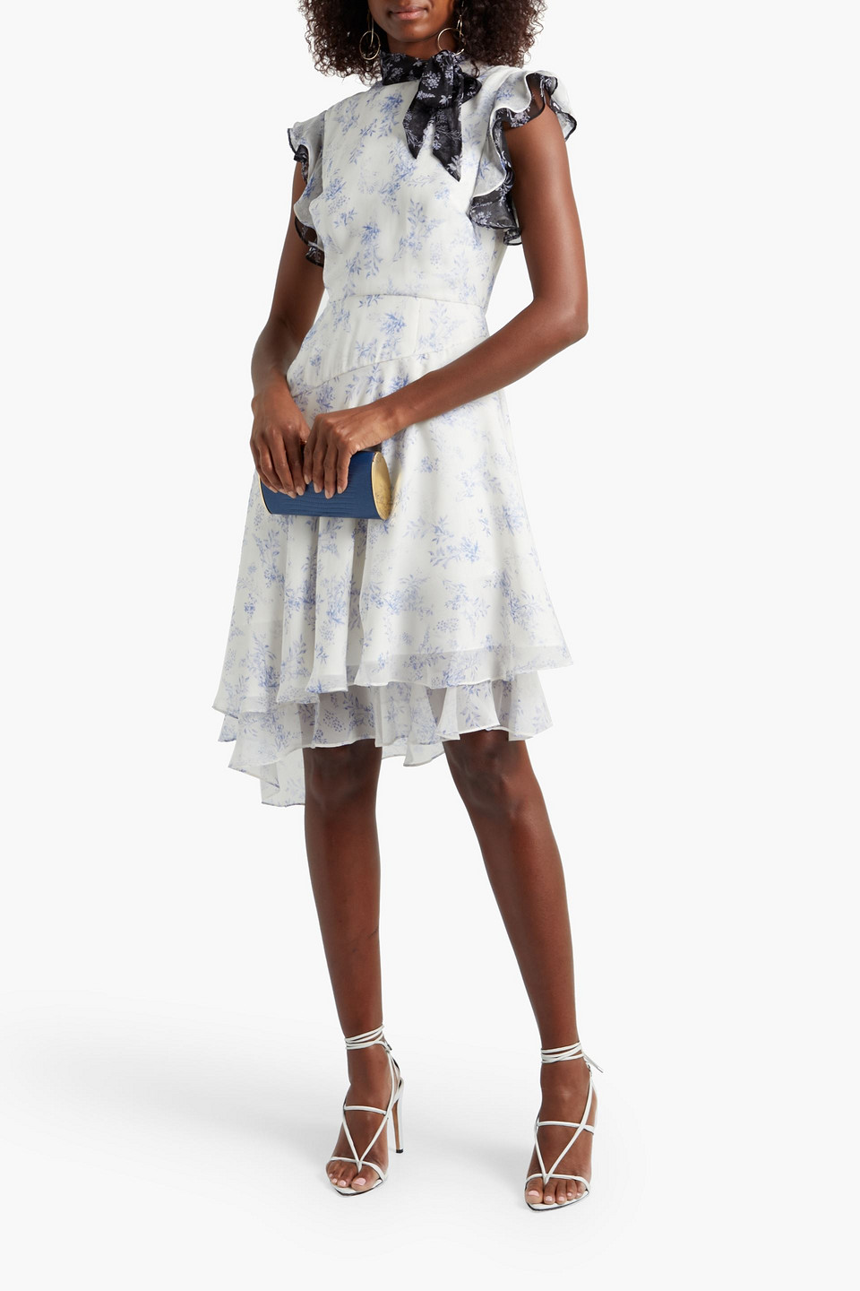 Mikael Aghal Asymmetric Tie-neck Tiered Floral-print Chiffon Dress In White