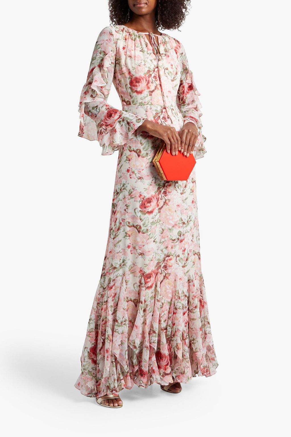 MIKAEL AGHAL Tie-neck ruffled floral-print georgette maxi dress