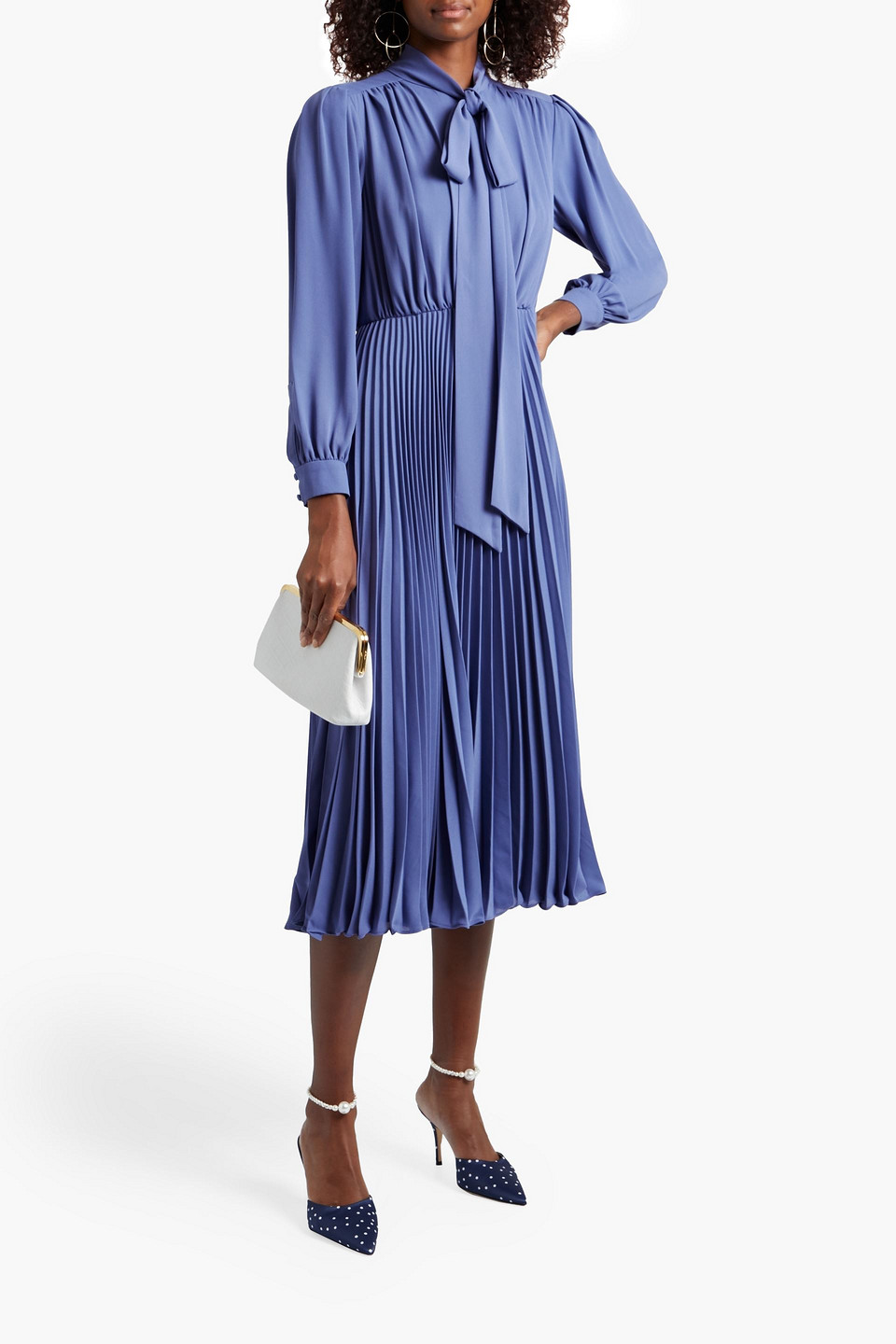 Mikael Aghal Pussy-bow Pleated Crepe Midi Dress In Slate Blue