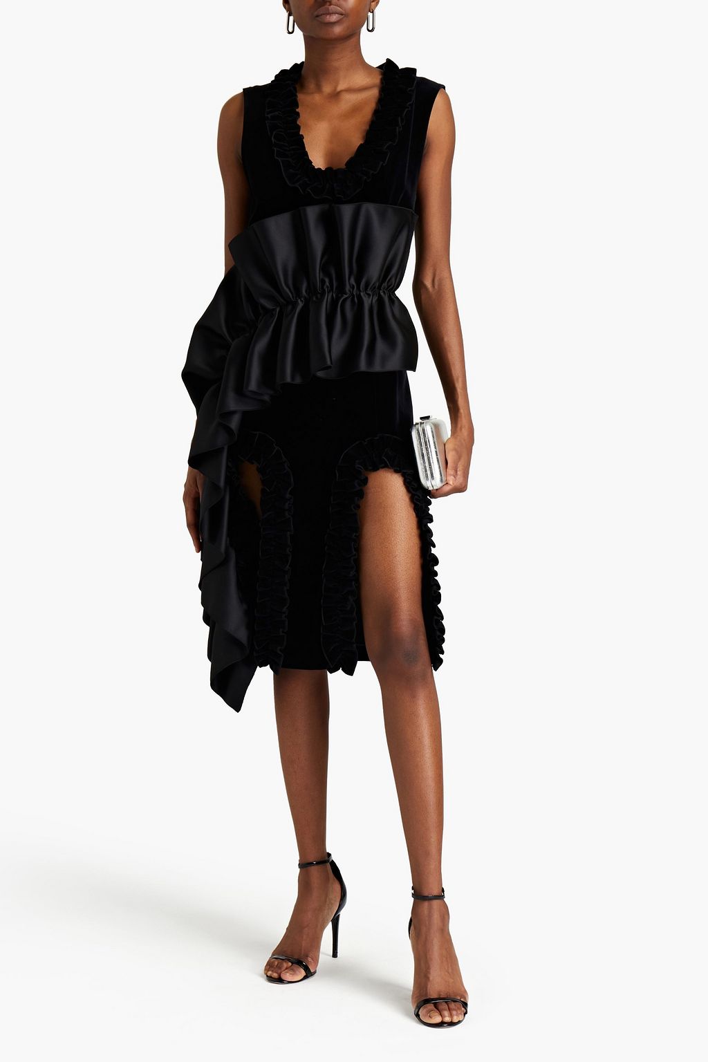 CHRISTOPHER KANE Satin-paneled ruffled cotton and modal-blend velvet dress
