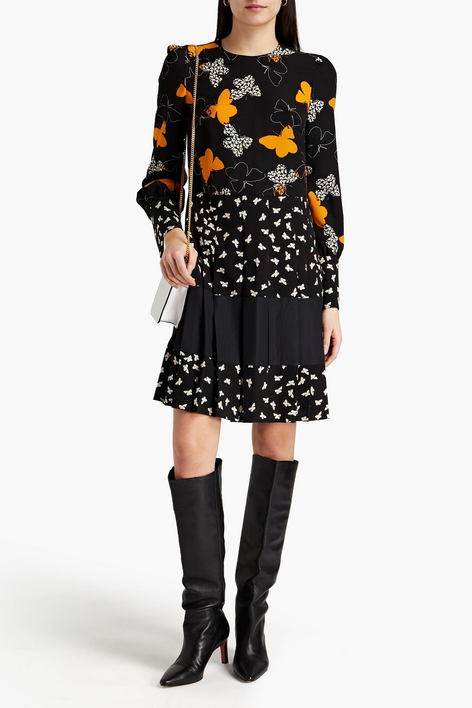Red Valentino Pleated Printed Crepe De Chine Dress In Black
