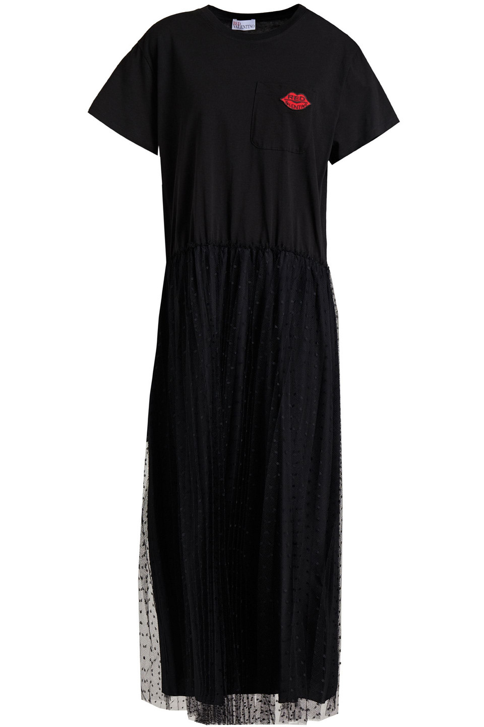 Redvalentino Woman Point D'esprit-paneled Gathered Cotton-jersey Midi Dress Black Size L