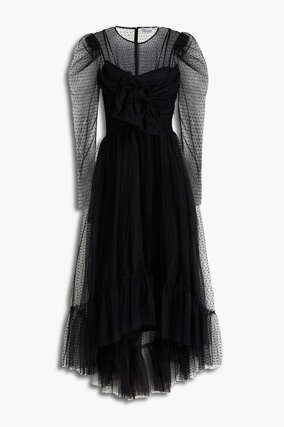 Redvalentino Woman Knotted Flocked Tulle Midi Dress Black Size 46