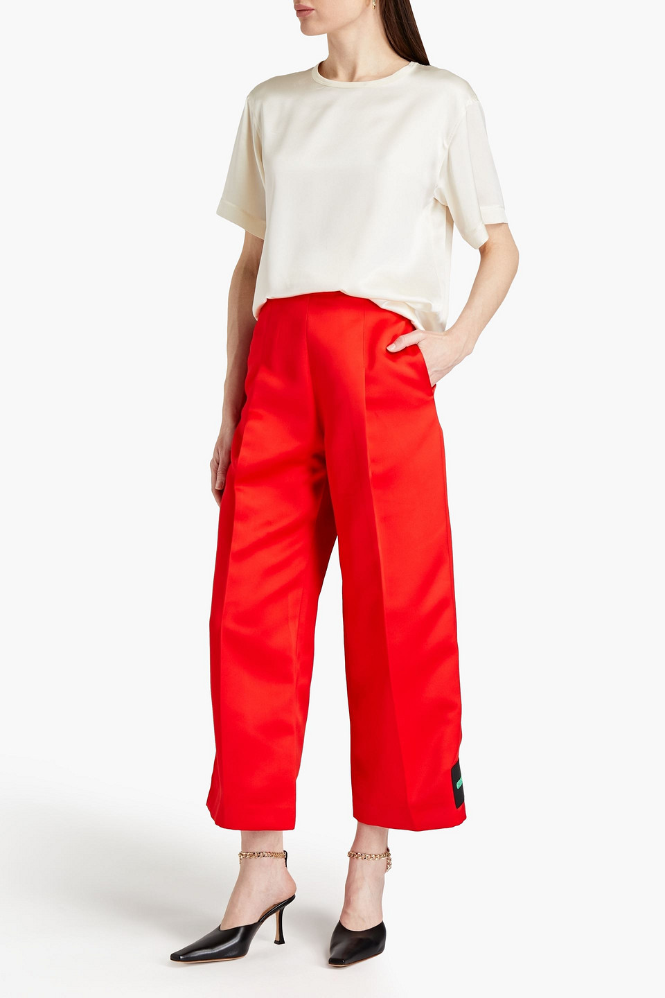 Christopher Kane Cropped Appliquéd Satin Wide-leg Trousers In Red