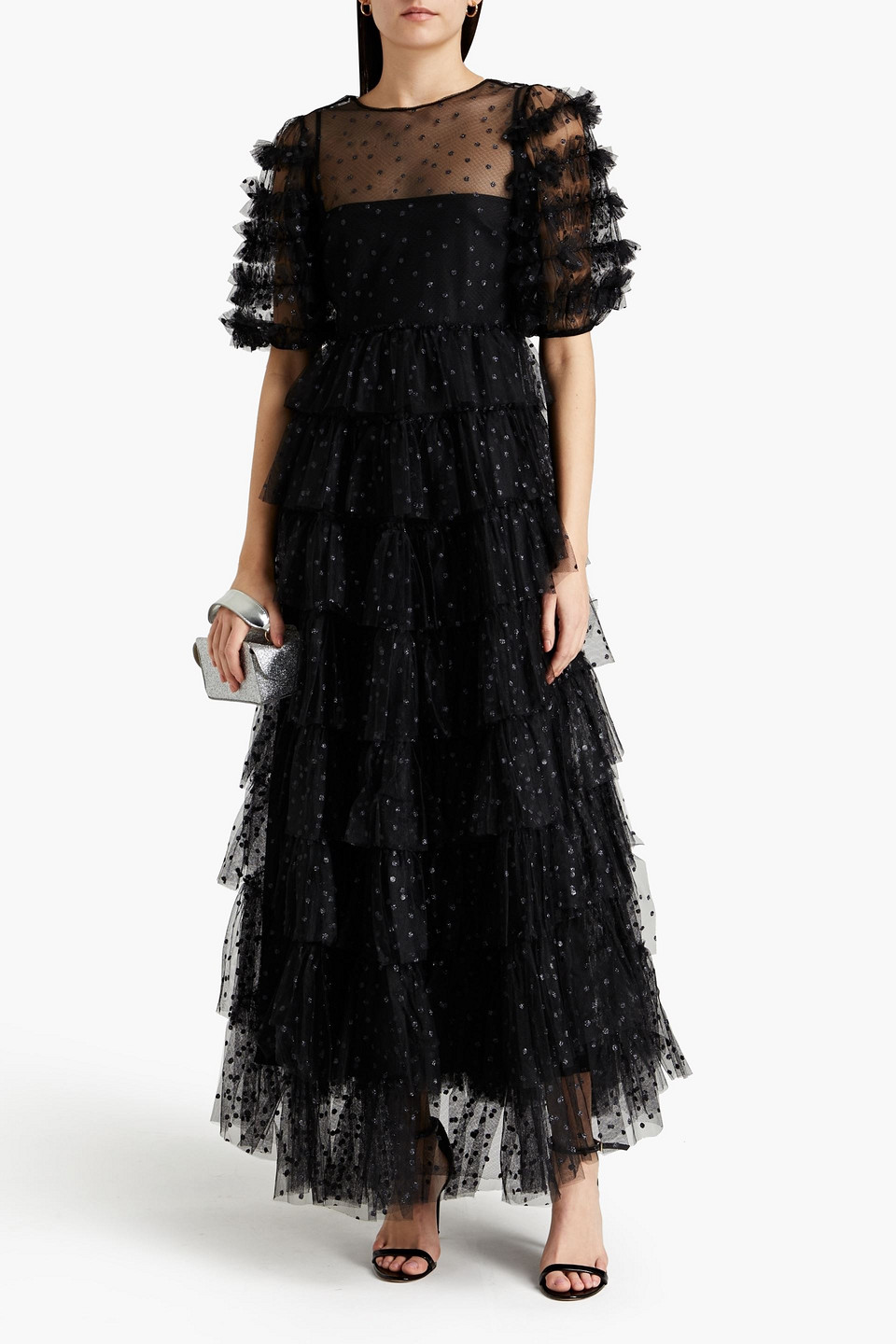 Red Valentino Tiered Glittered Tulle Maxi Dress In Black