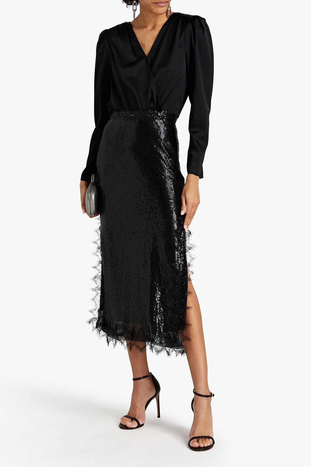 CHRISTOPHER KANE Lace-trimmed holographic chainmail midi skirt