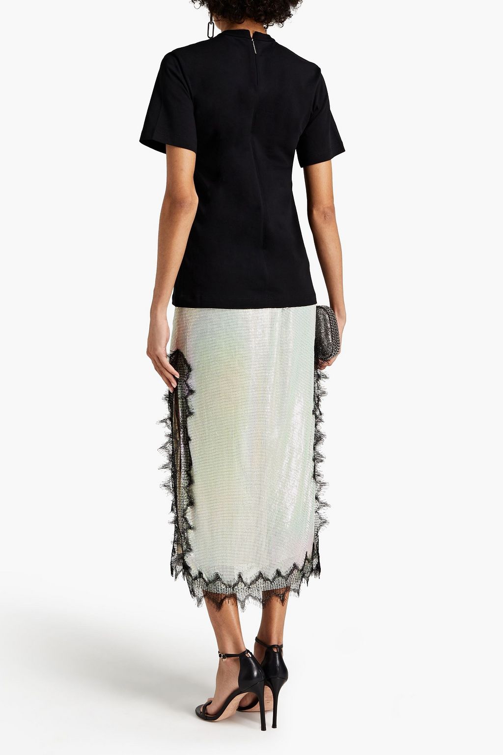 CHRISTOPHER KANE Lace-trimmed holographic chainmail midi skirt