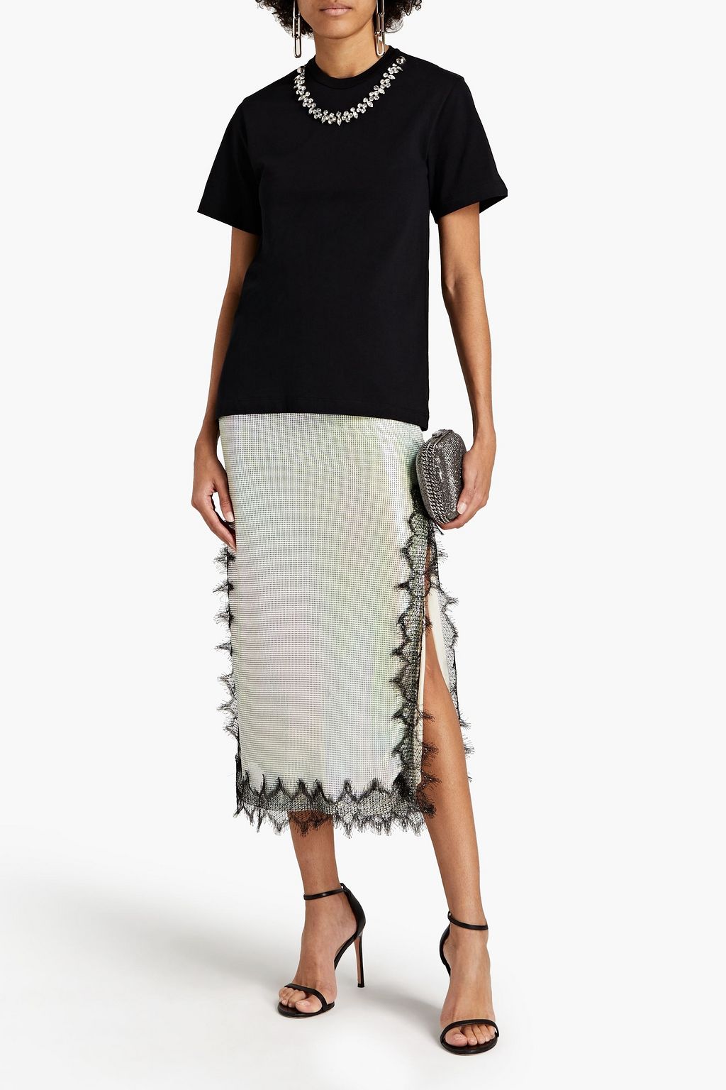 CHRISTOPHER KANE Lace-trimmed holographic chainmail midi skirt