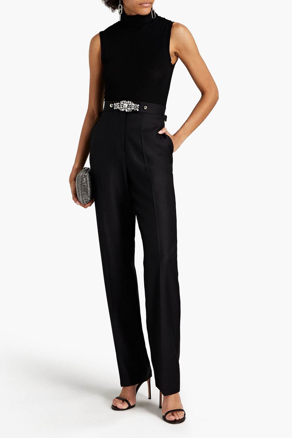 Christopher Kane Embellished Wool-twill Straight-leg Trousers In Black