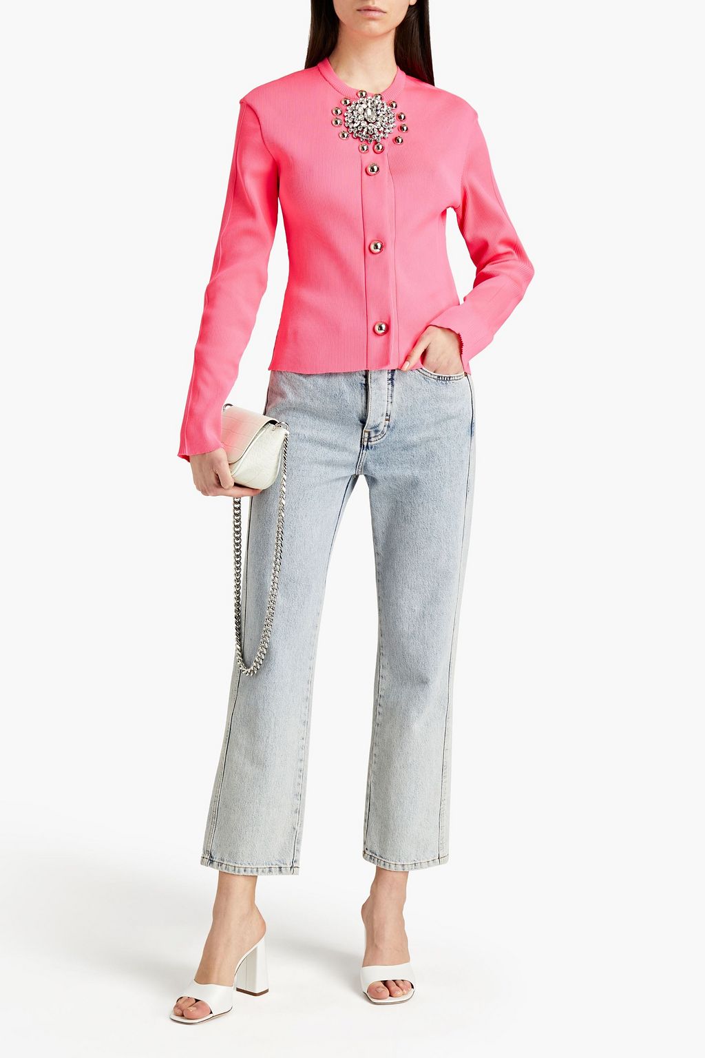 CHRISTOPHER KANE Crystal-embellished neon ribbed-knit cardigan