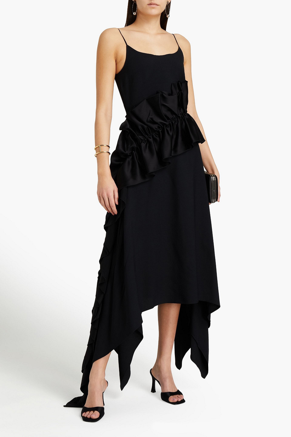 Christopher Kane Asymmetric Satin-paneled Ruffled Crepe Midi Dress In Black