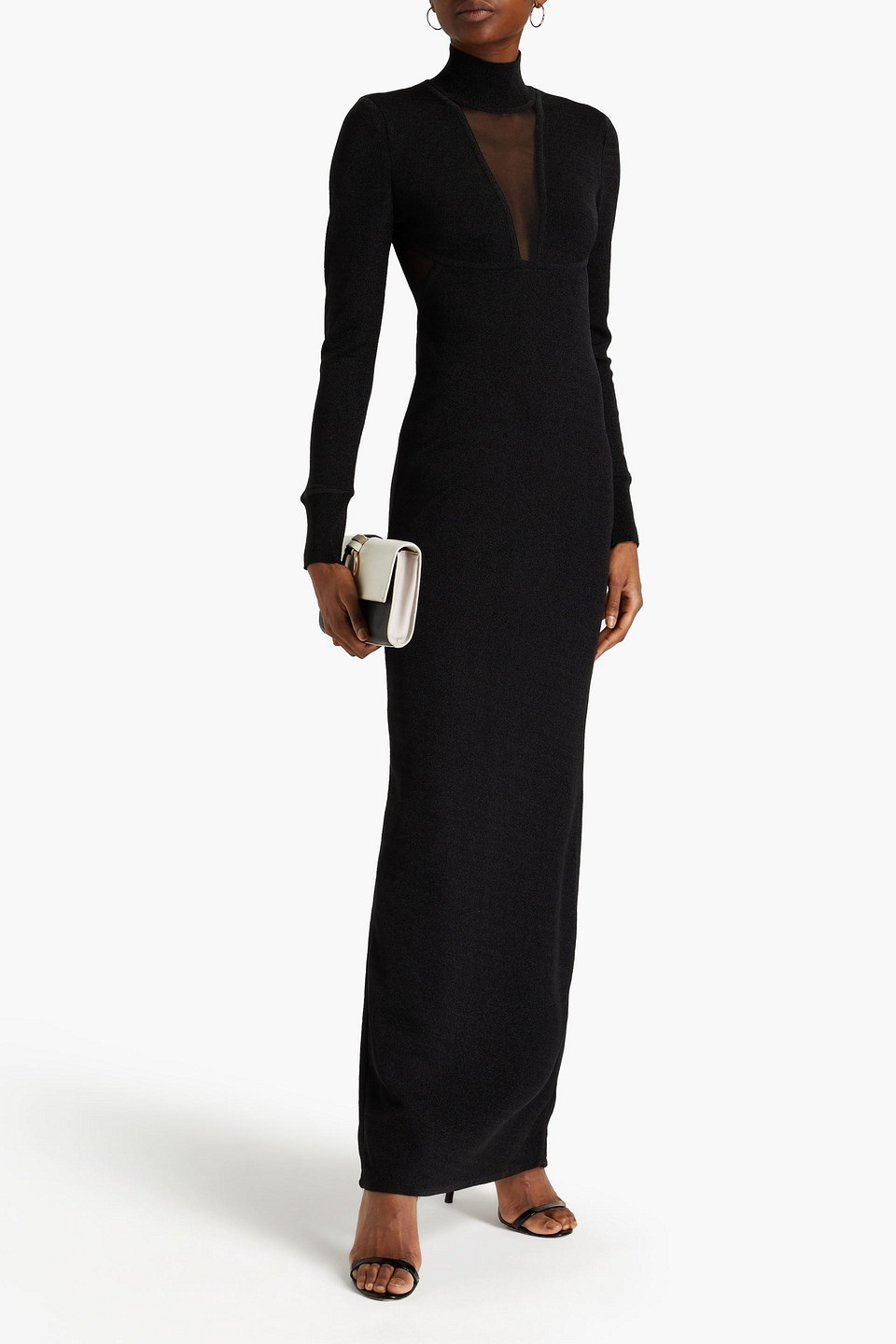 Herve Leger Open Knit-paneled Metallic Bandage Maxi Dress In Black