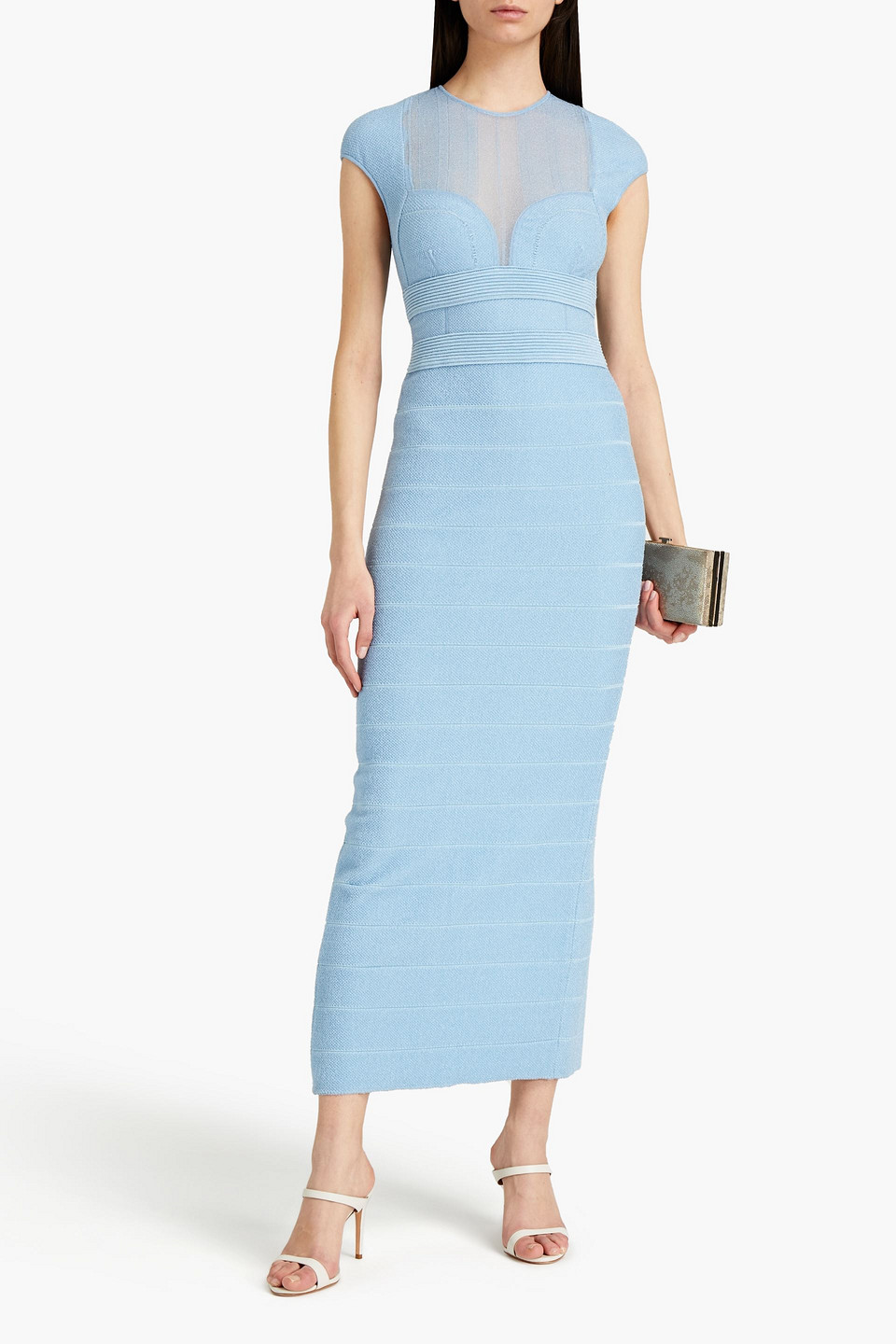 Herve Leger Ribbed Bandage Maxi Dress In Light Blue