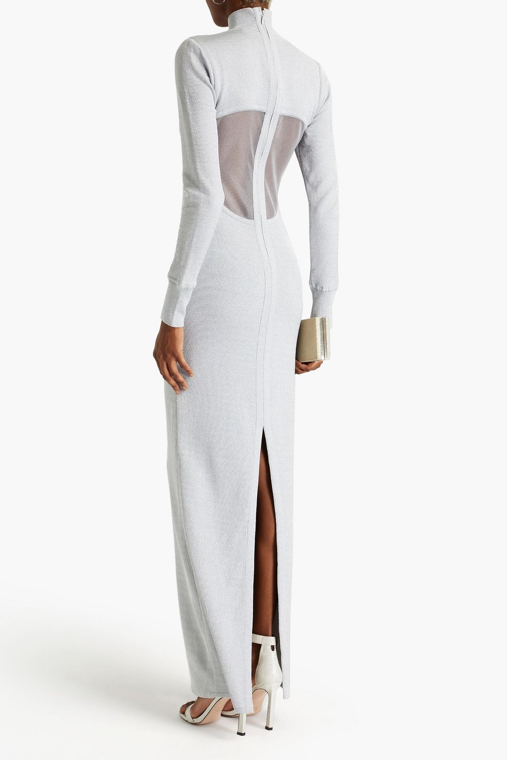 HERVÉ LÉGER Open knit-paneled metallic bandage maxi dress