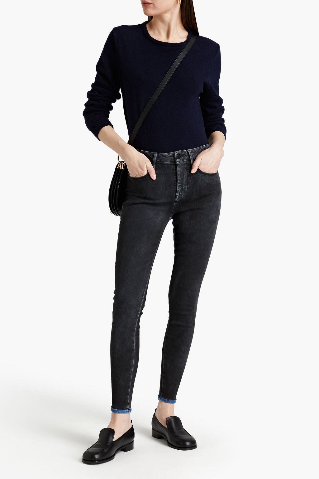 FRAME Le One zweifarbige, hoch sitzende Skinny Jeans in ausgewaschener Optik