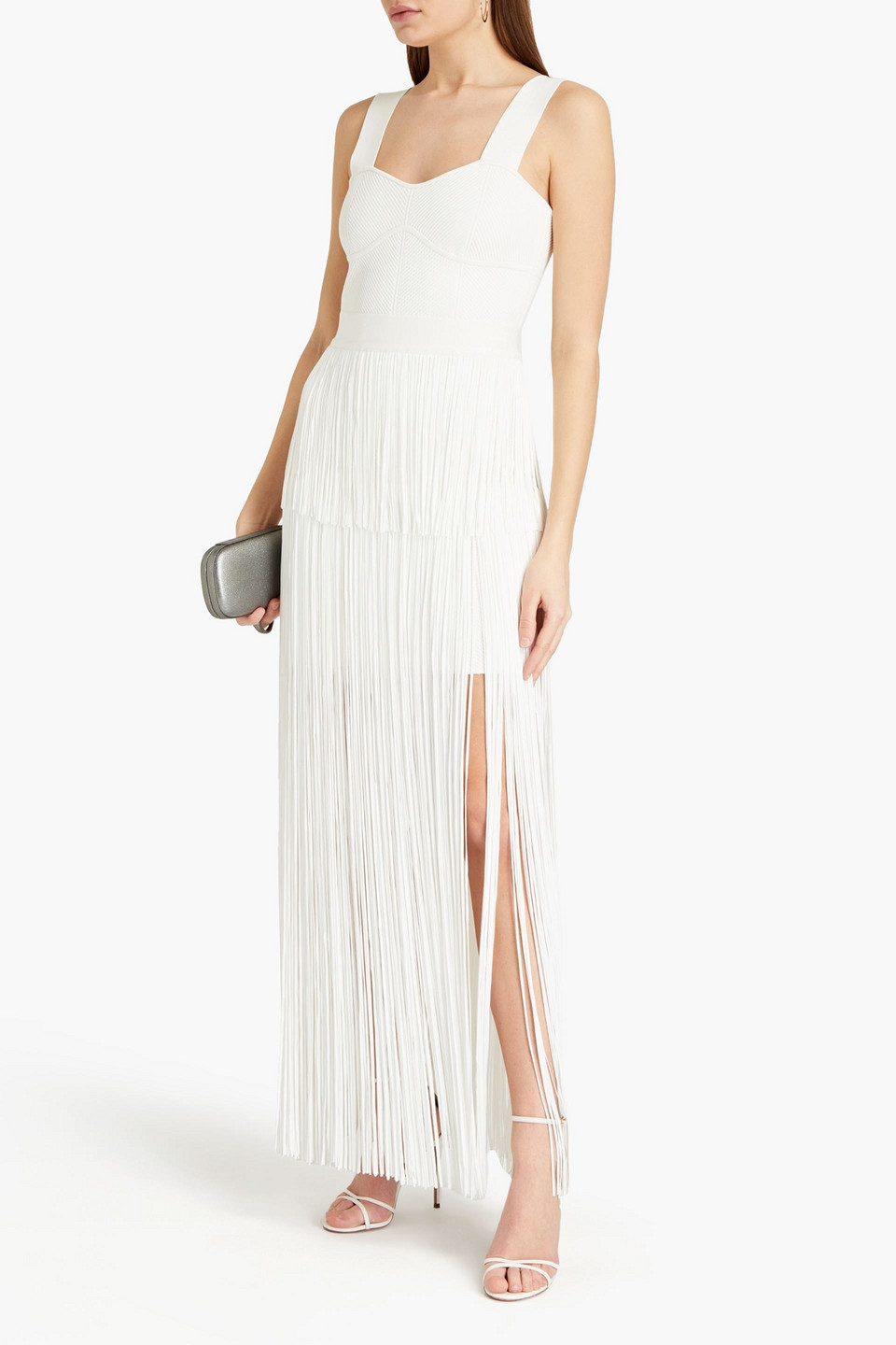 Herve Leger Fringed Ribbed Bandage Maxi Dress In White