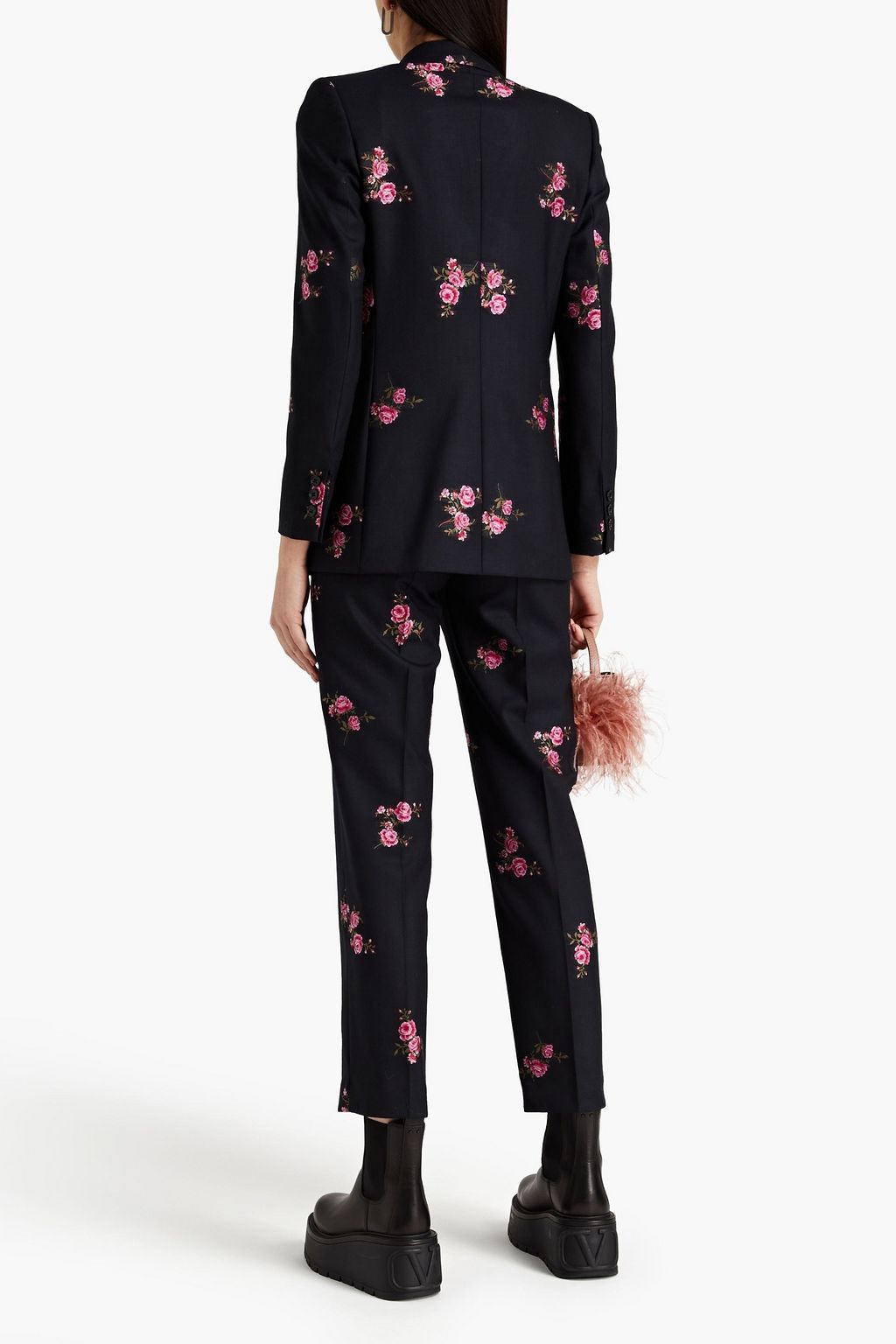 REDVALENTINO Floral-appliquéd wool-blend twill tapered pants