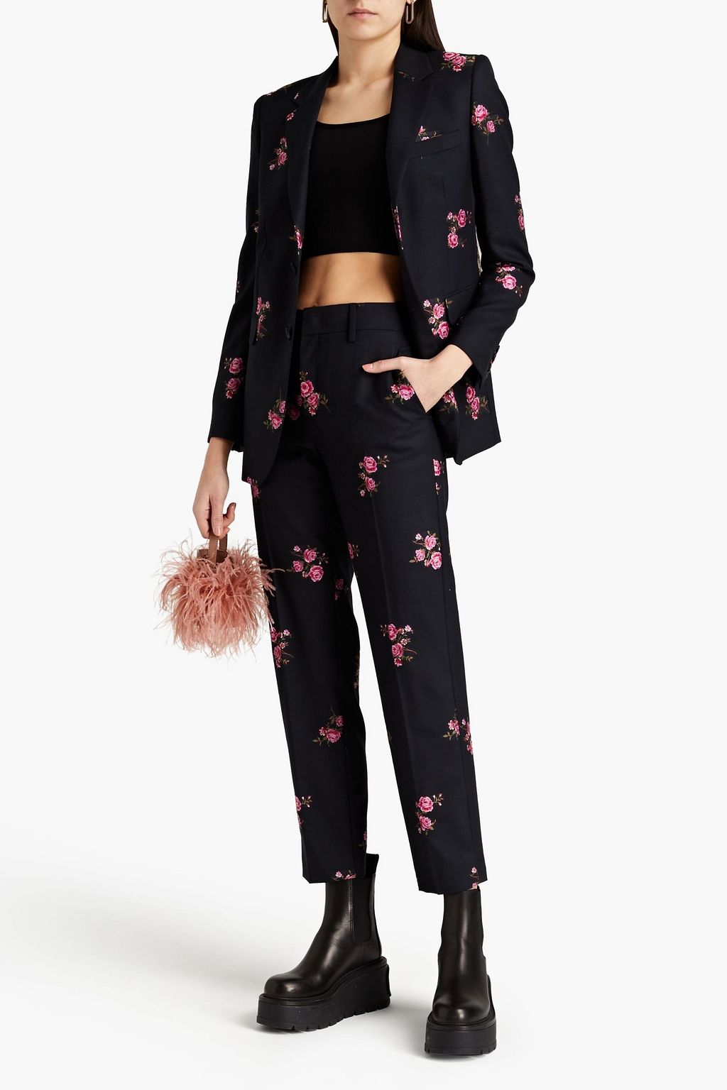 REDVALENTINO Floral-appliquéd wool-blend twill tapered pants