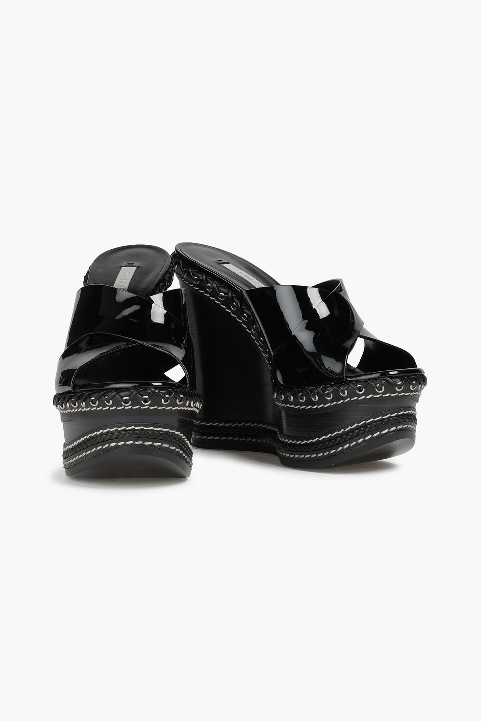 Casadei Whipstitched Patent-leather Wedge Mules In Black