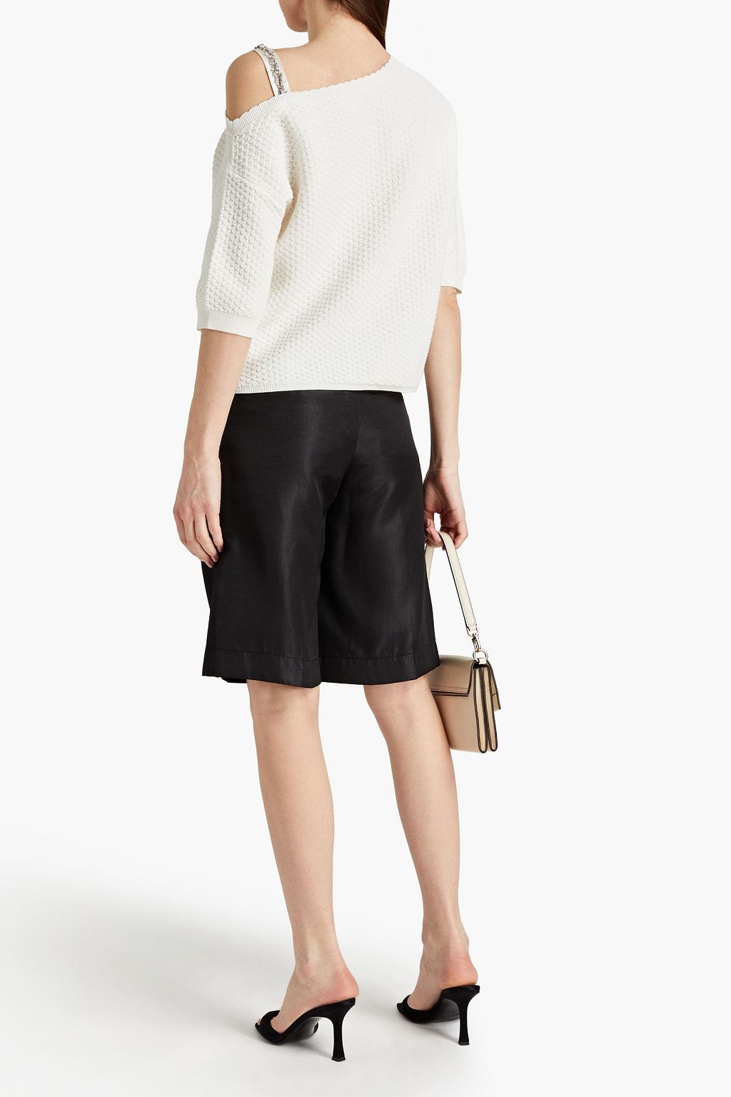 CLAUDIE PIERLOT Cold-shoulder embellished jacquard-knit cotton top