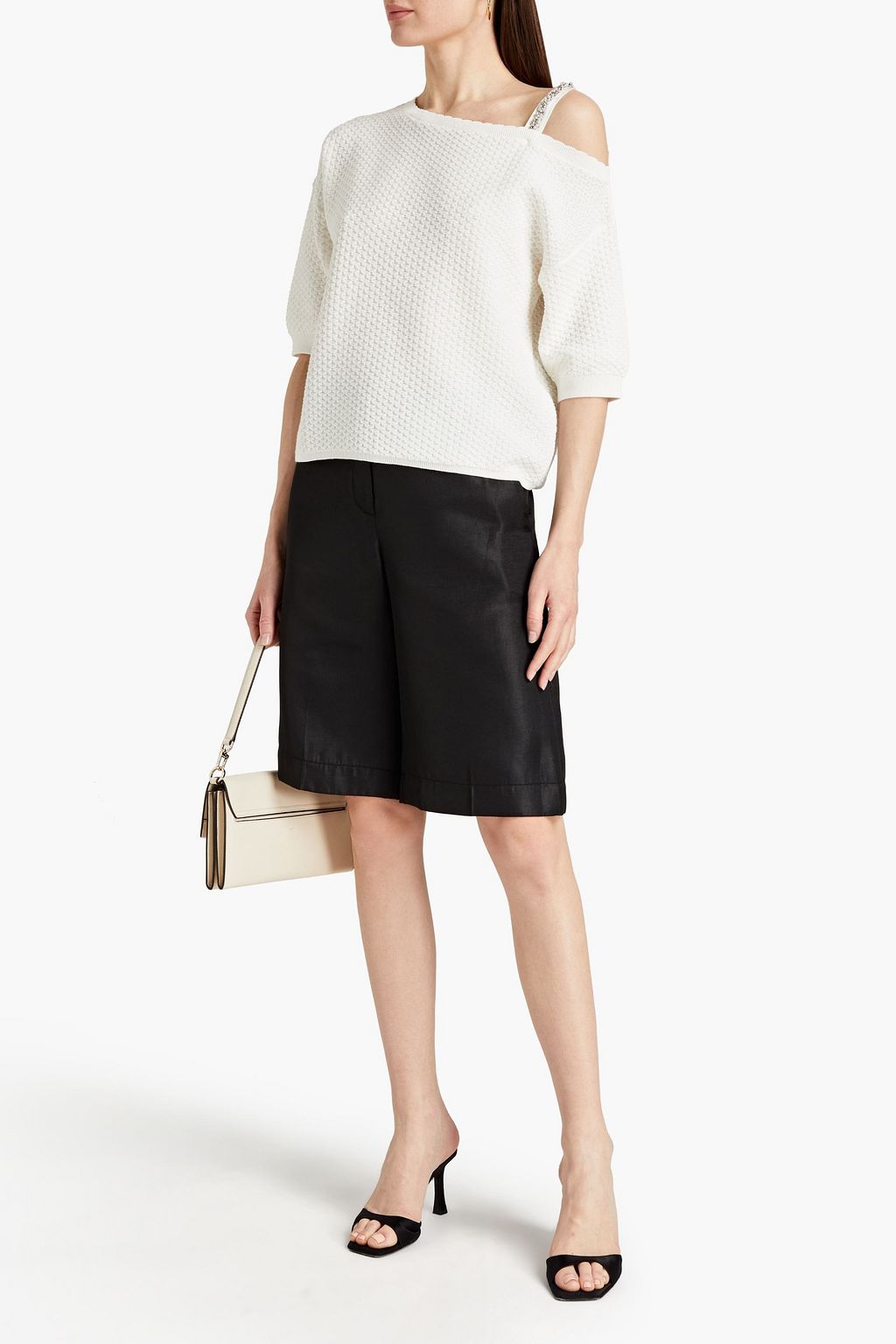 CLAUDIE PIERLOT Cold-shoulder embellished jacquard-knit cotton top