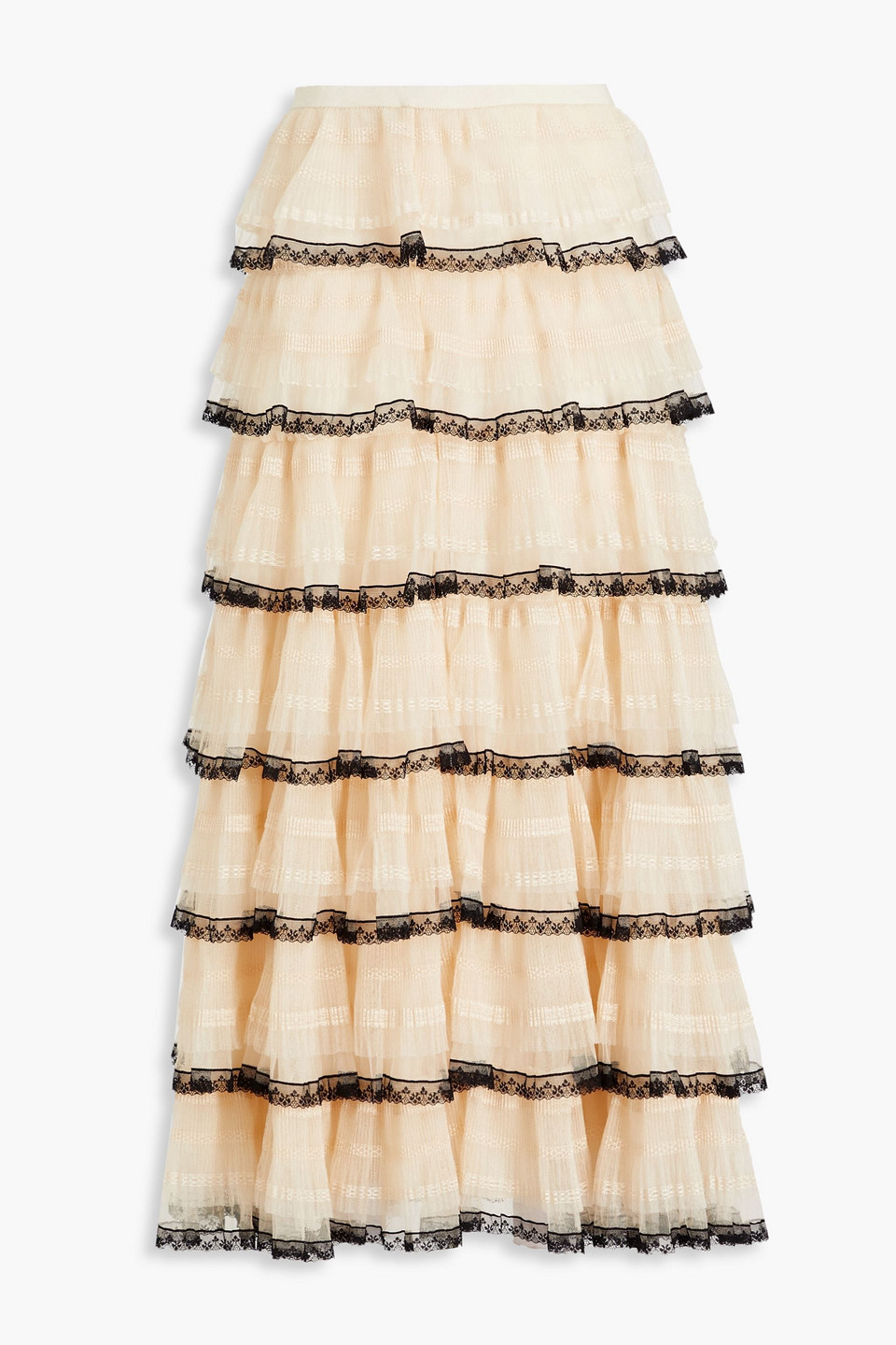 Redvalentino Woman Tiered Lace-trimmed Tulle Midi Skirt Ivory Size 38