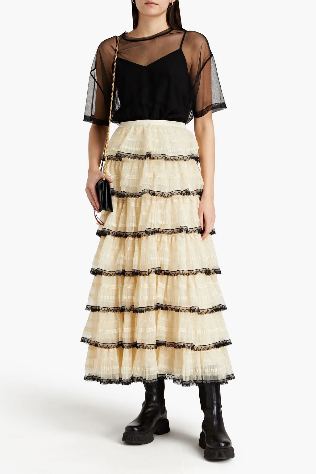 REDVALENTINO Tiered lace-trimmed tulle maxi skirt