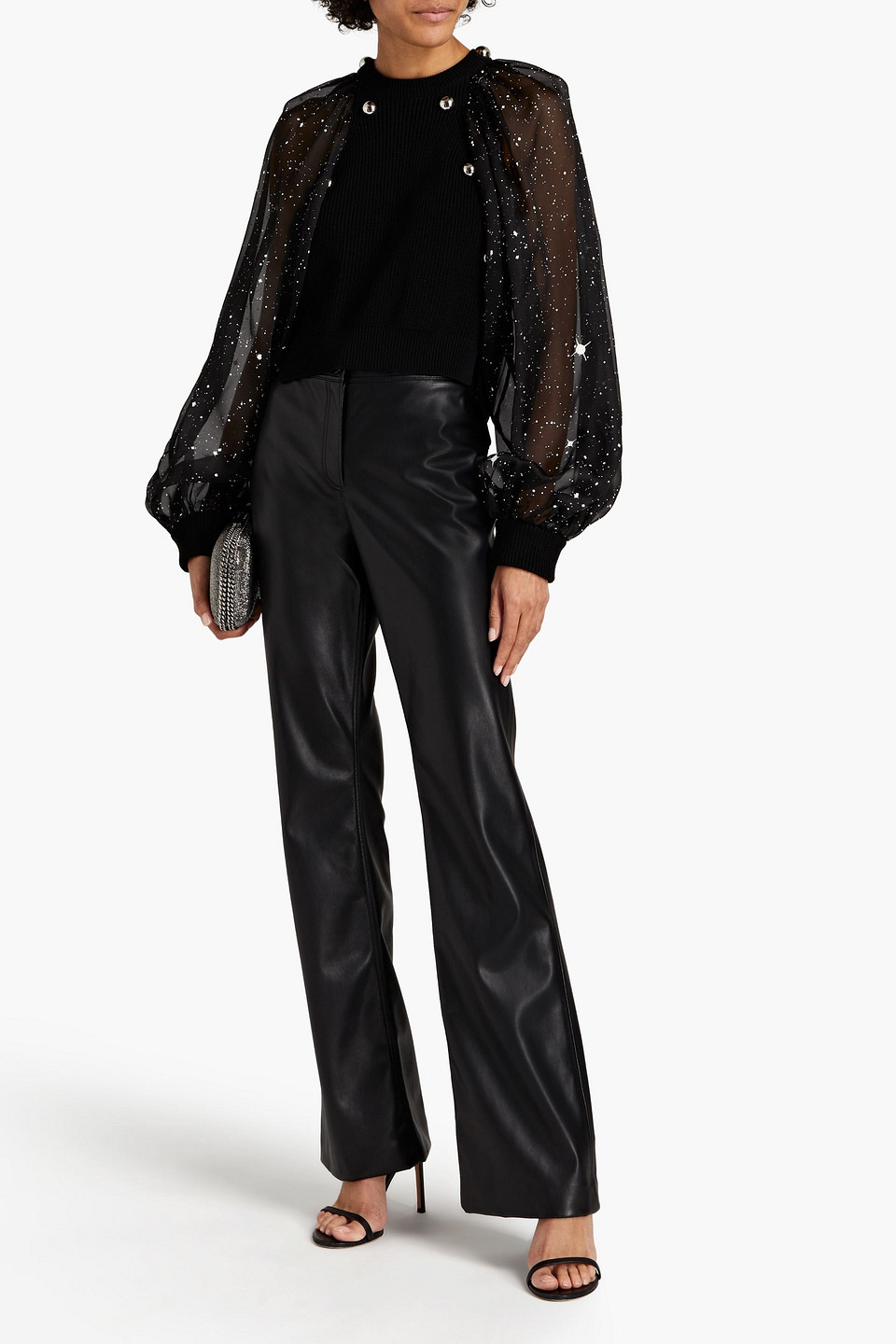 Christopher Kane Cropped Chiffon-paneled Ribbed Cotton Sweater In Black