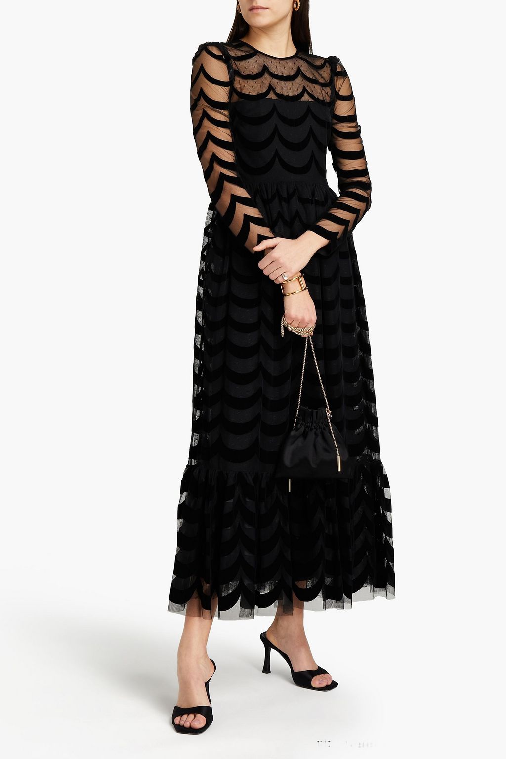 REDVALENTINO Point d'esprit-paneled flocked tulle maxi dress