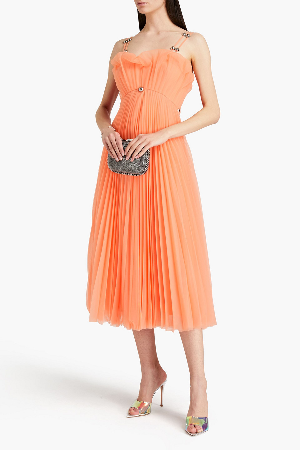 Christopher Kane Studded Pleated Stretch-mesh Midi Dress In Orange