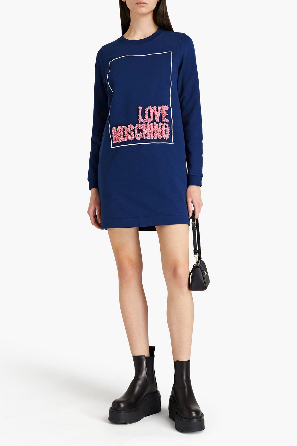 Love Moschino Embellished Cotton-blend Fleece Mini Dress In Blue