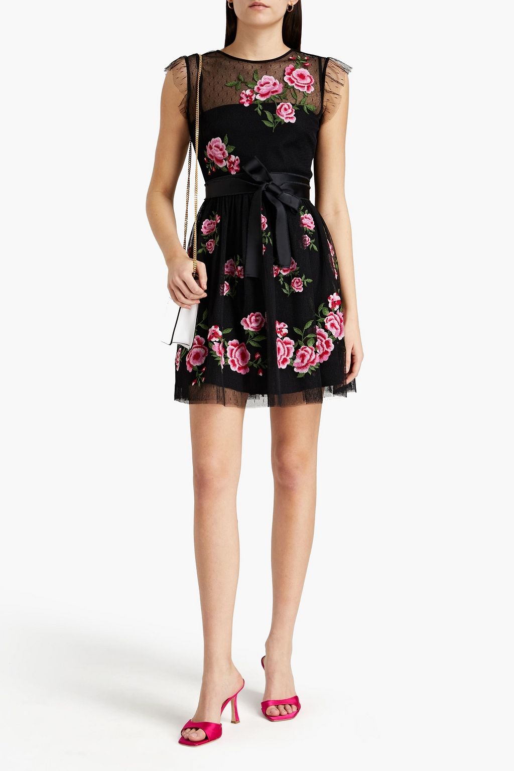 REDVALENTINO Gathered embroidered tulle mini dress