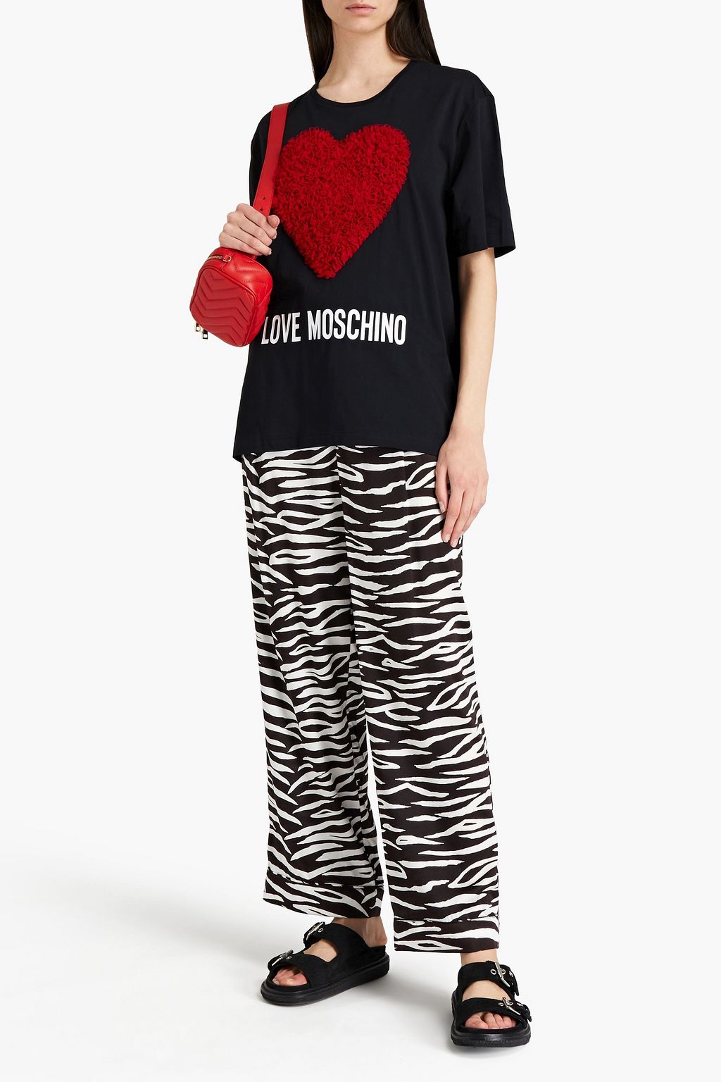 LOVE MOSCHINO Oversized tulle-appliquéd printed cotton-jersey T-shirt