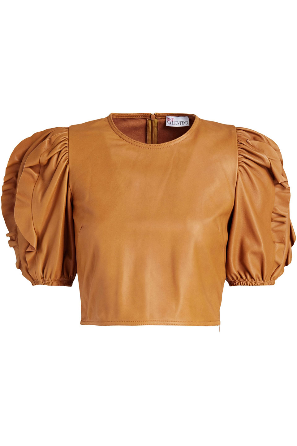 Redvalentino Woman Cropped Ruffled Leather Top Camel Size 40