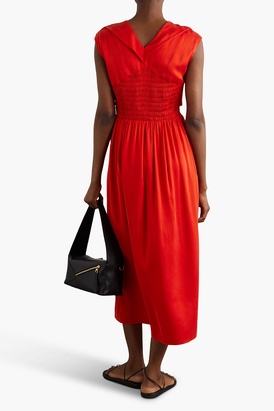 Tove Mahany Twist Front Smocked Waist A-line Midi Dress In Tomato Red