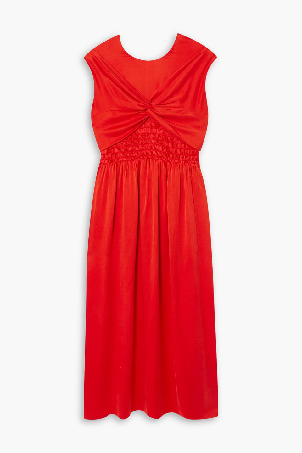 Tove Mahany Twist Front Smocked Waist A-line Midi Dress In Tomato Red