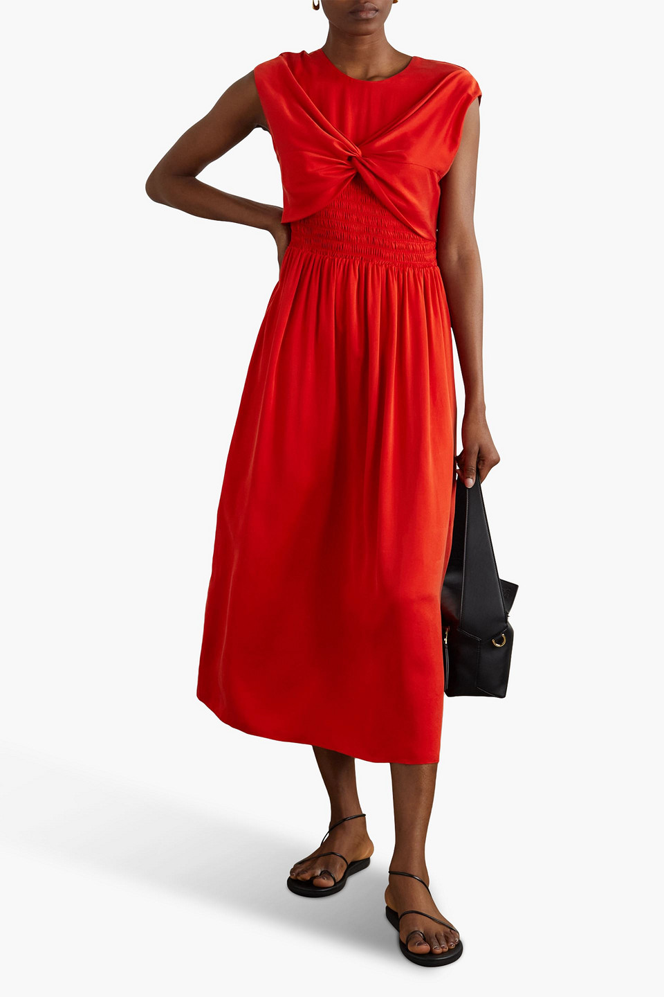 Shop Tove Mahaney Twist-front Silk Midi Dress In Tomato Red