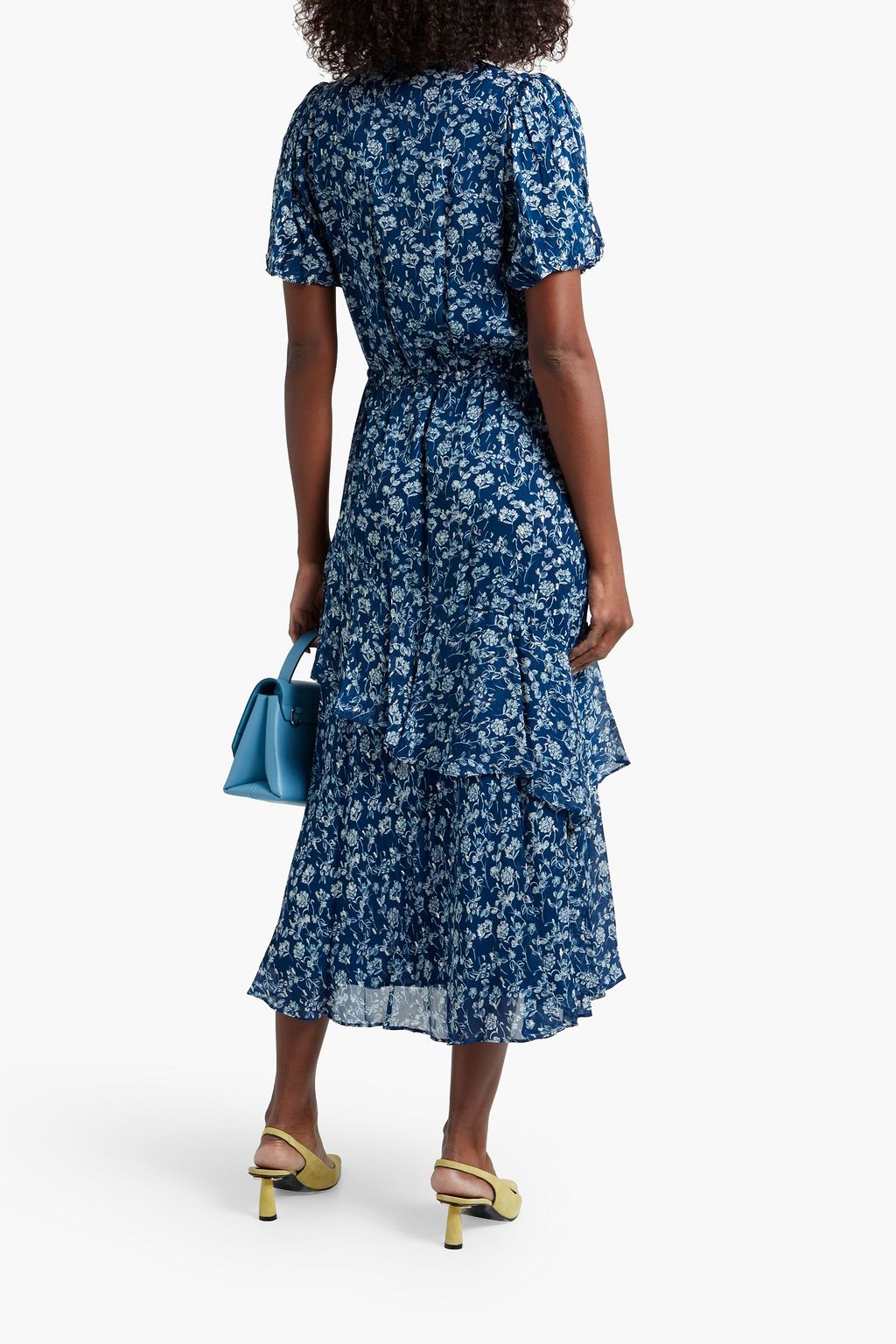 ML MONIQUE LHUILLIER Capri Bouquet belted tiered metallic floral-print chiffon midi dress