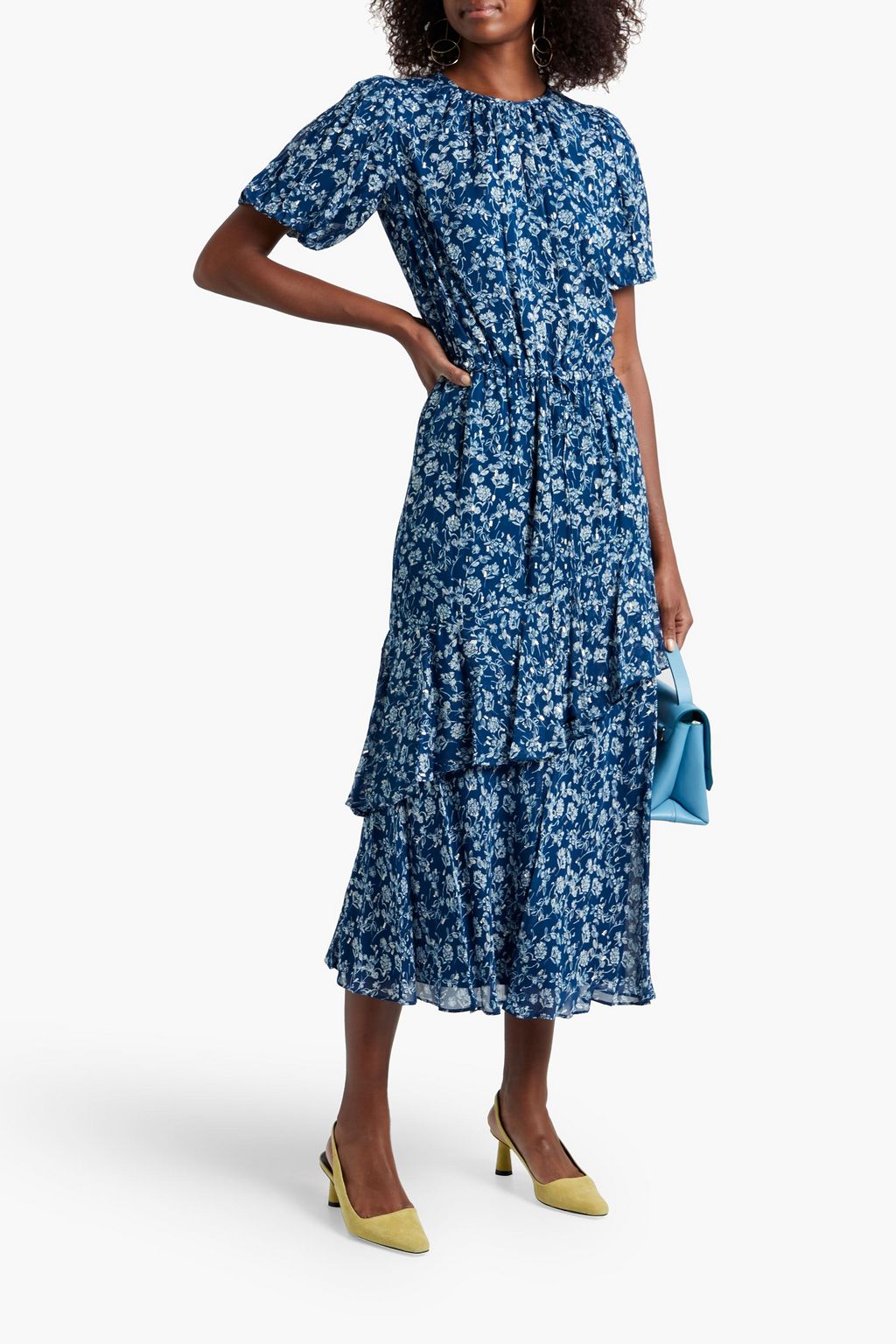 ML MONIQUE LHUILLIER Capri Bouquet belted tiered metallic floral-print chiffon midi dress