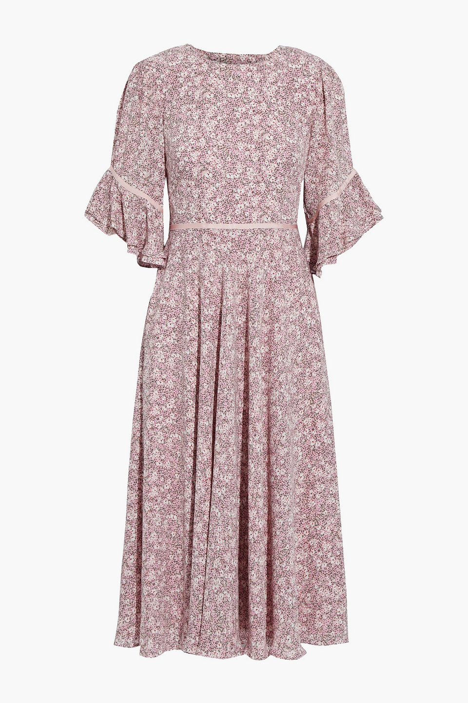 Mikael Aghal Grosgrain-trimmed ruffled floral-print crepe dress