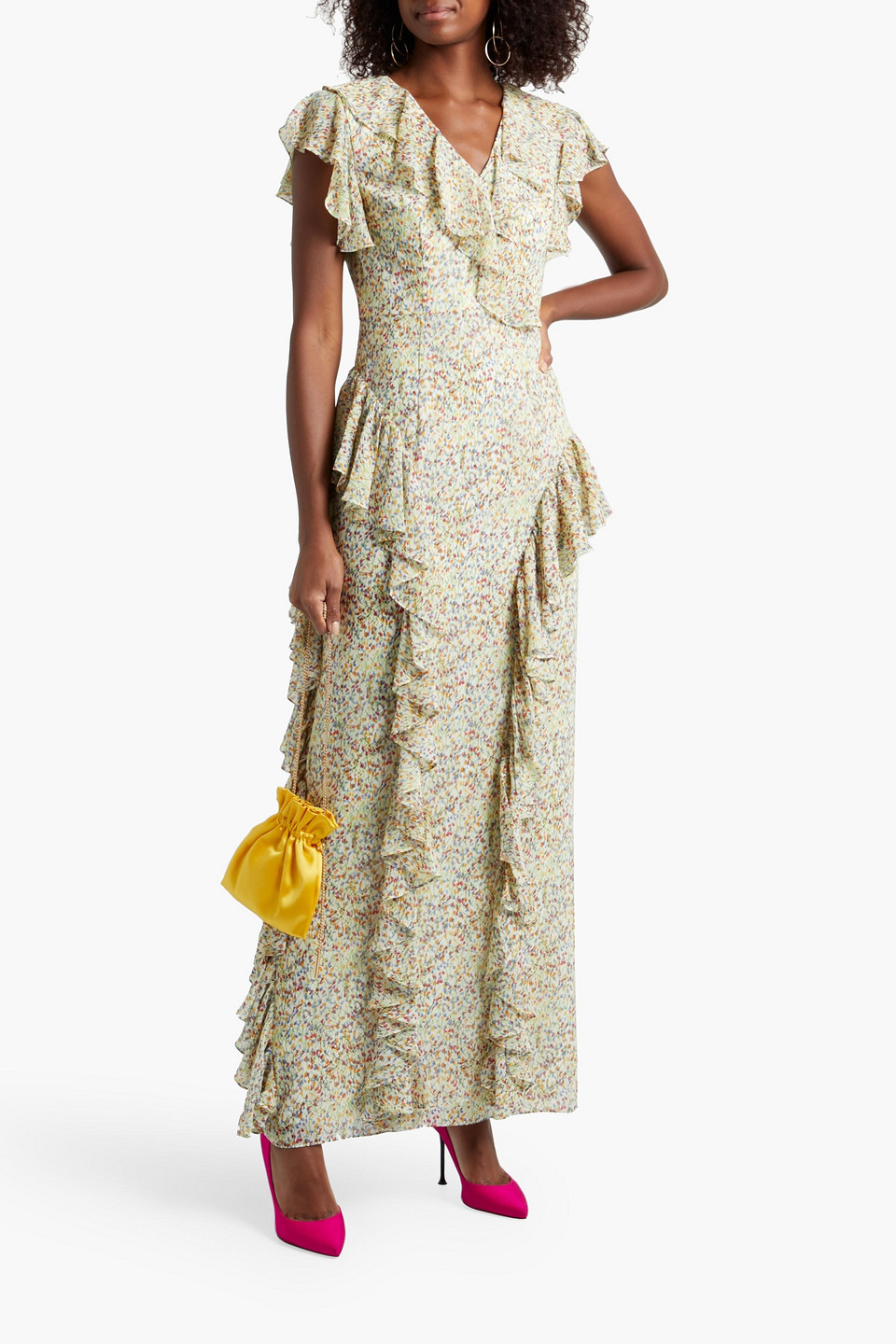Mikael Aghal Ruffled Floral-print Chiffon Maxi Dress In White