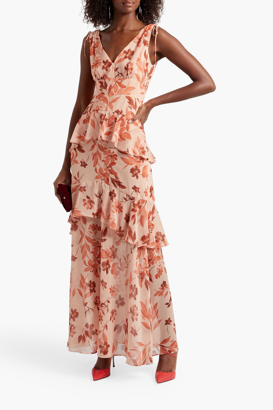 ml Monique Lhuillier Sienna Foliage Tiered Ruffled Floral-print Georgette Maxi Dress In Peach