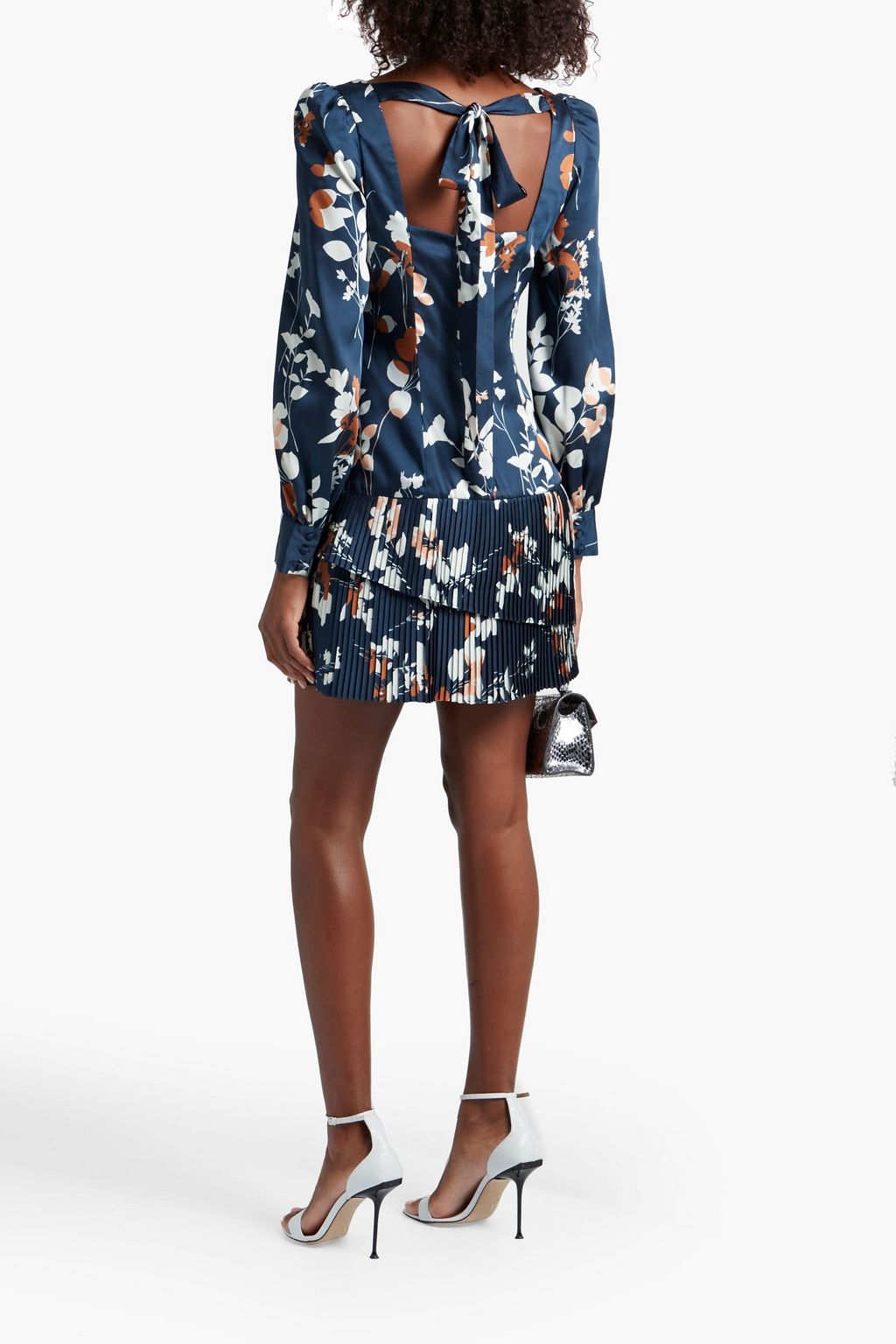 ML MONIQUE LHUILLIER Midnight Flora tie-back pleated floral-print satin-twill mini dress