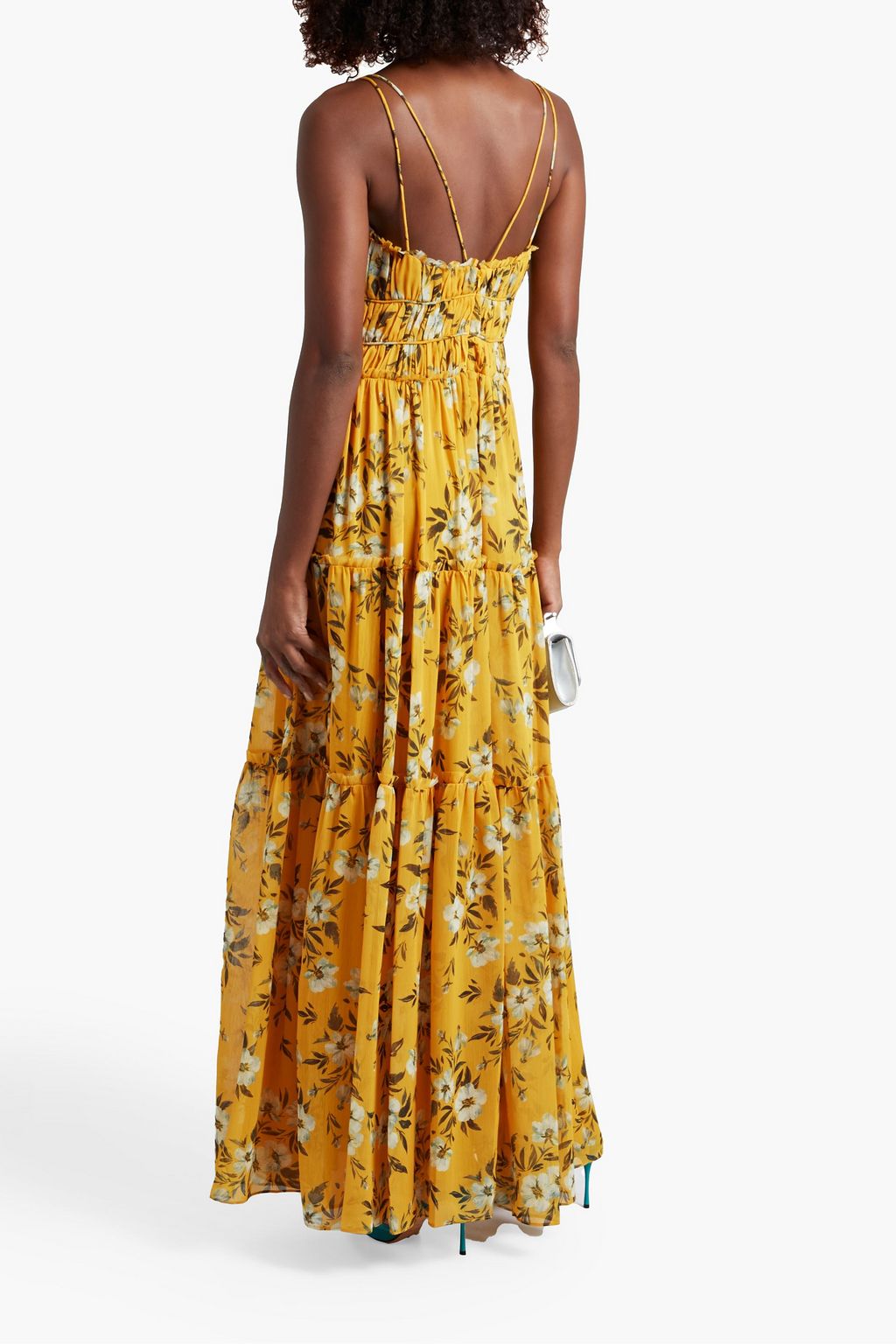ML MONIQUE LHUILLIER Gold Ochre tiered ruched floral-print georgette maxi dress