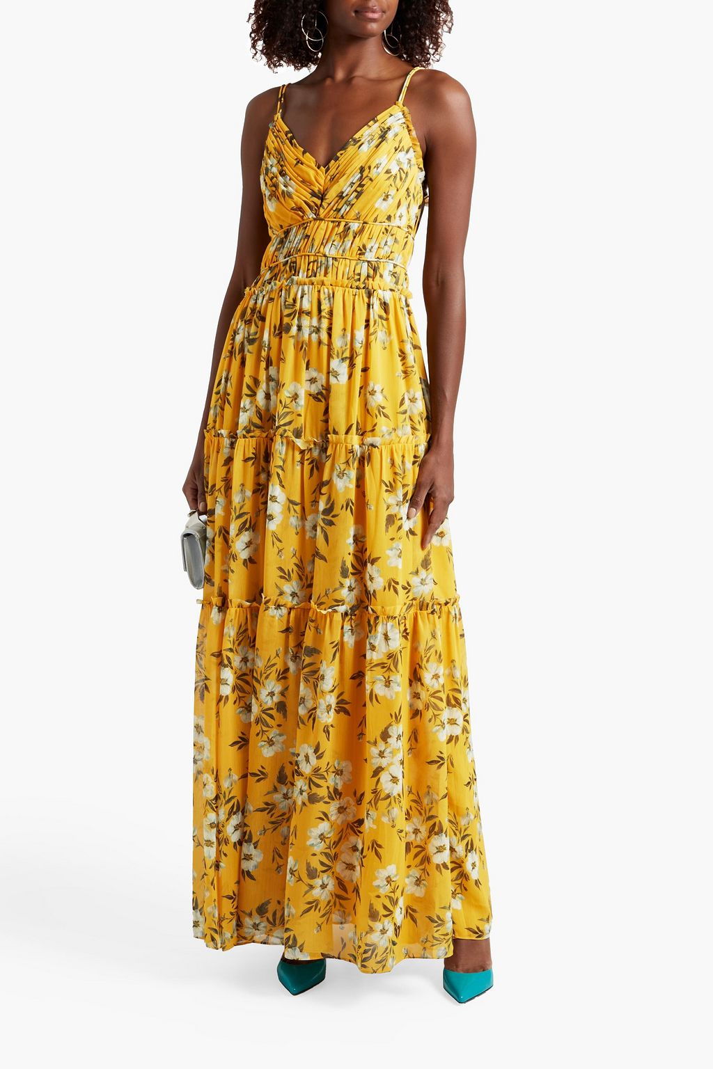 ML MONIQUE LHUILLIER Gold Ochre tiered ruched floral-print georgette maxi dress