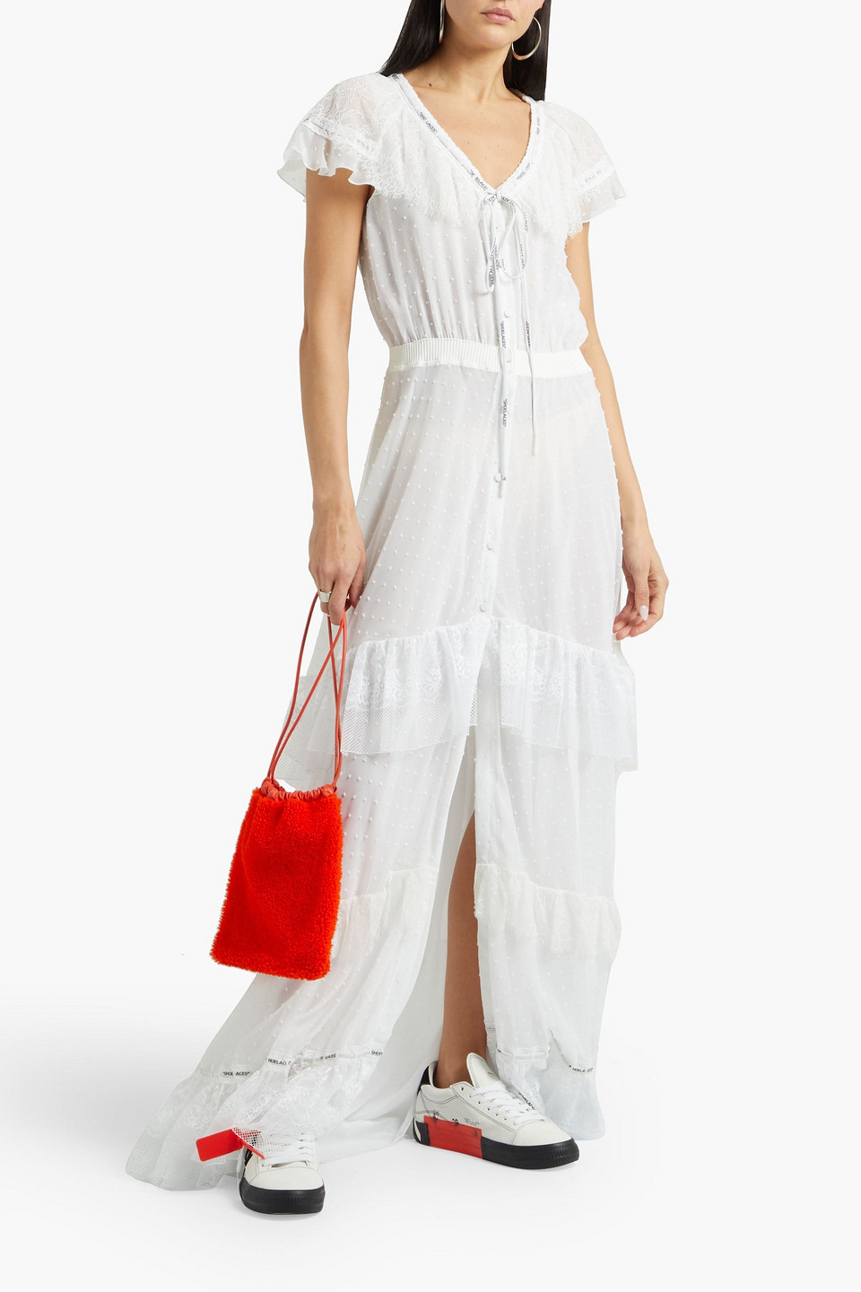 Off-white Tiered Lace-trimmed Swiss-dot Georgette Maxi Dress In White