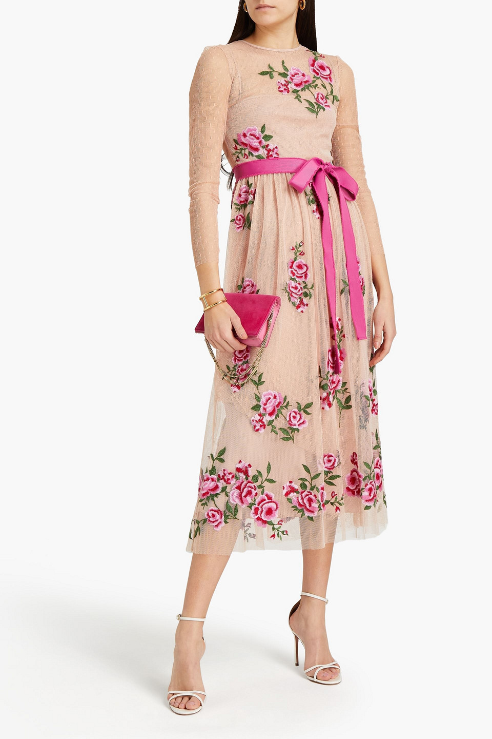 Red Valentino Belted Embroidered Tulle And Point D'esprit Midi Dress In Blush