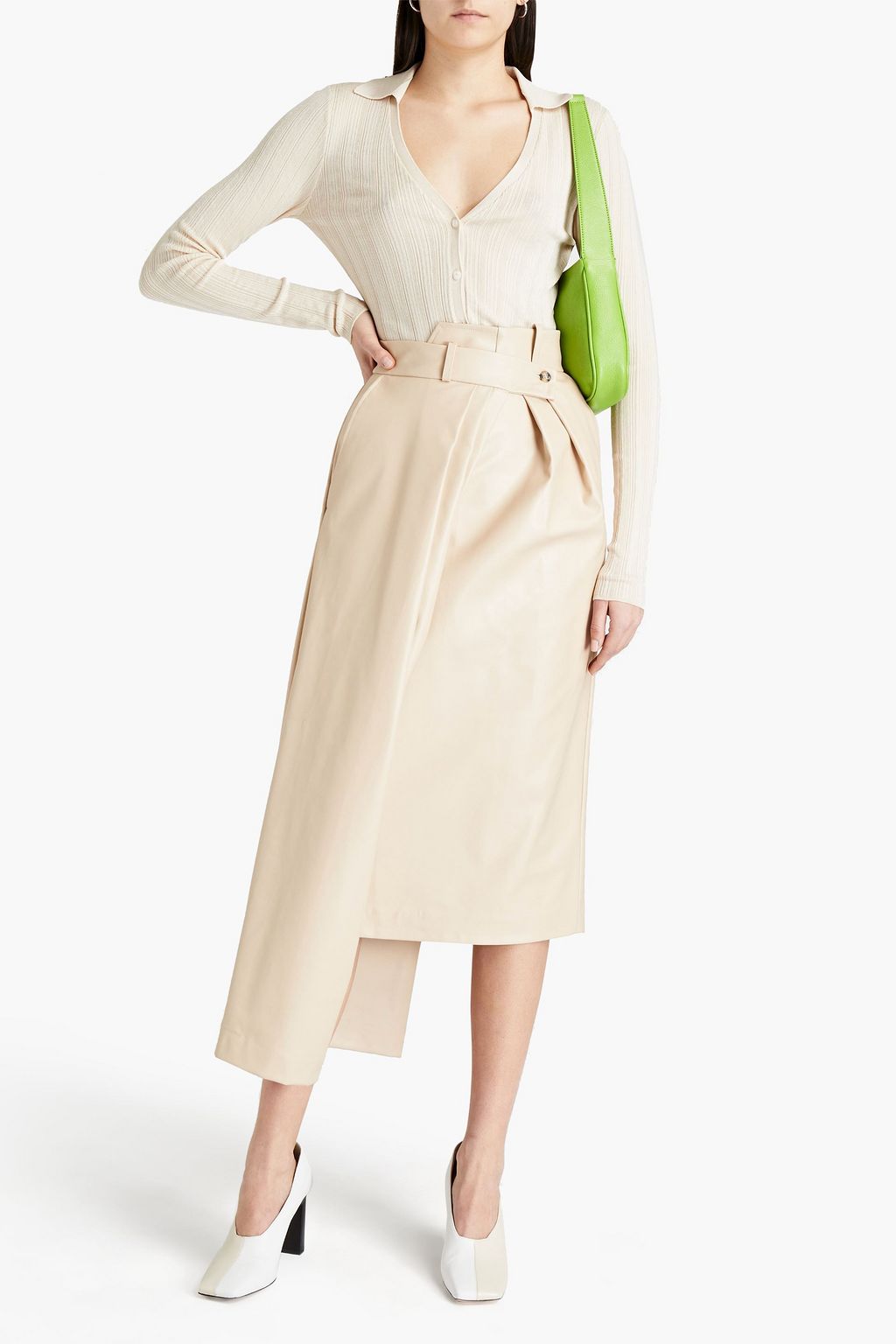 A.W.A.K.E. MODE Asymmetric pleated faux leather midi pencil skirt